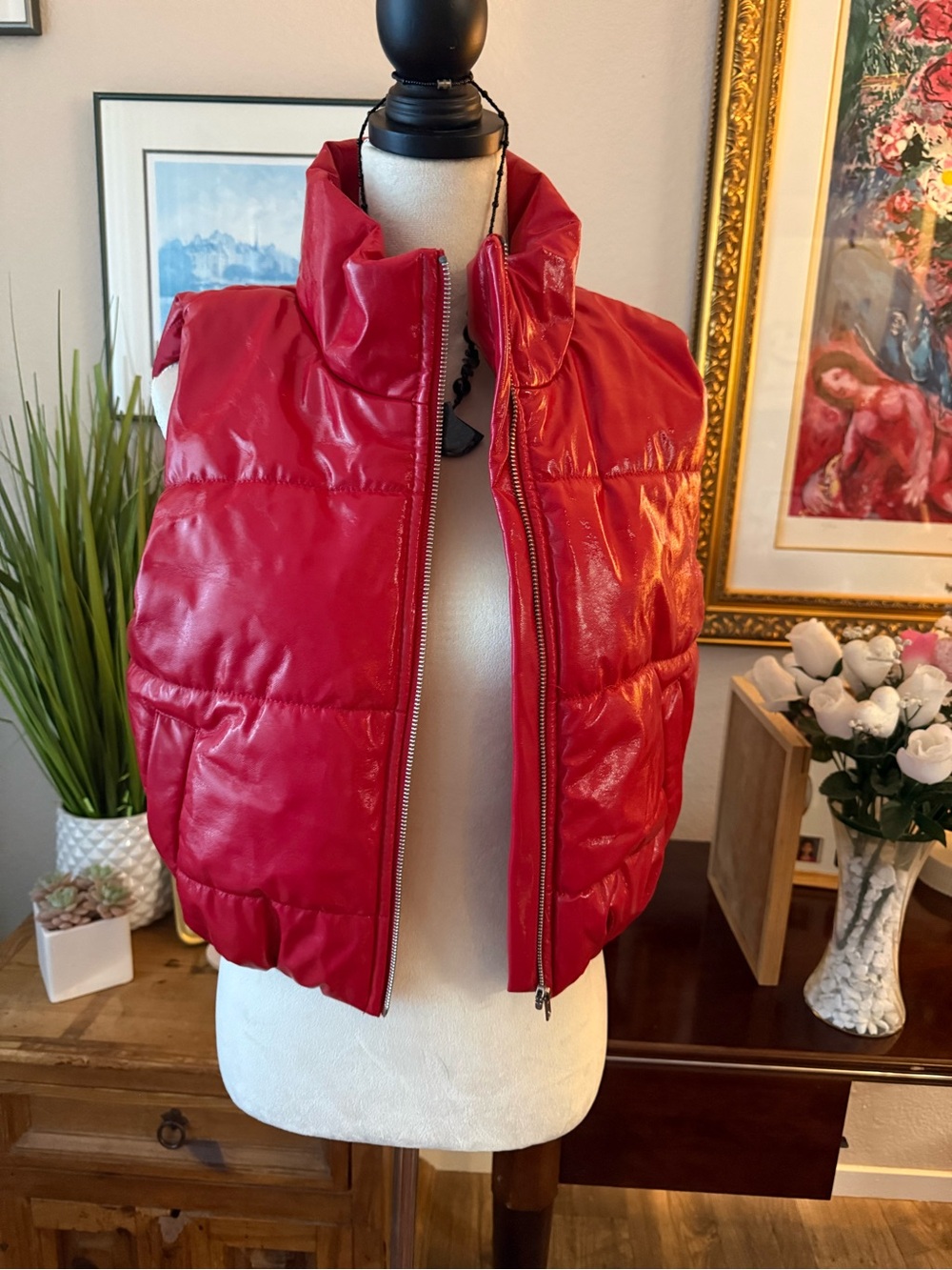Red Puffer Vest - Shiny Quilted Zip Front